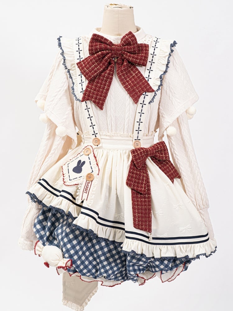 Haut tricoté blanc à manches longues, tablier, short bloomer à carreaux bleus, ensemble complet Sweet Lolita