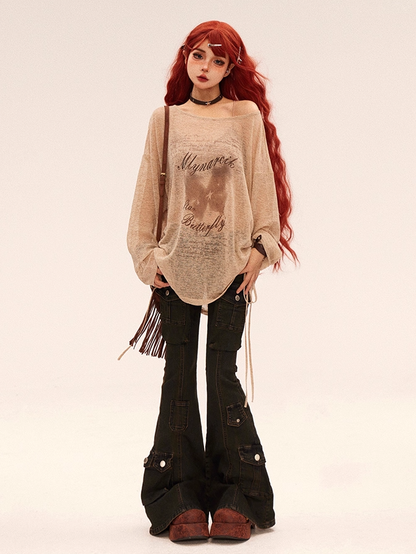 Pockets Flared Jeans Rise Cargo Black Low