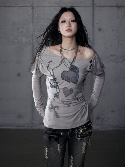Punk Heart Cross Juliette Knit Top Gray with Sleeves Print Grunge Aesthetic Asymmetrical