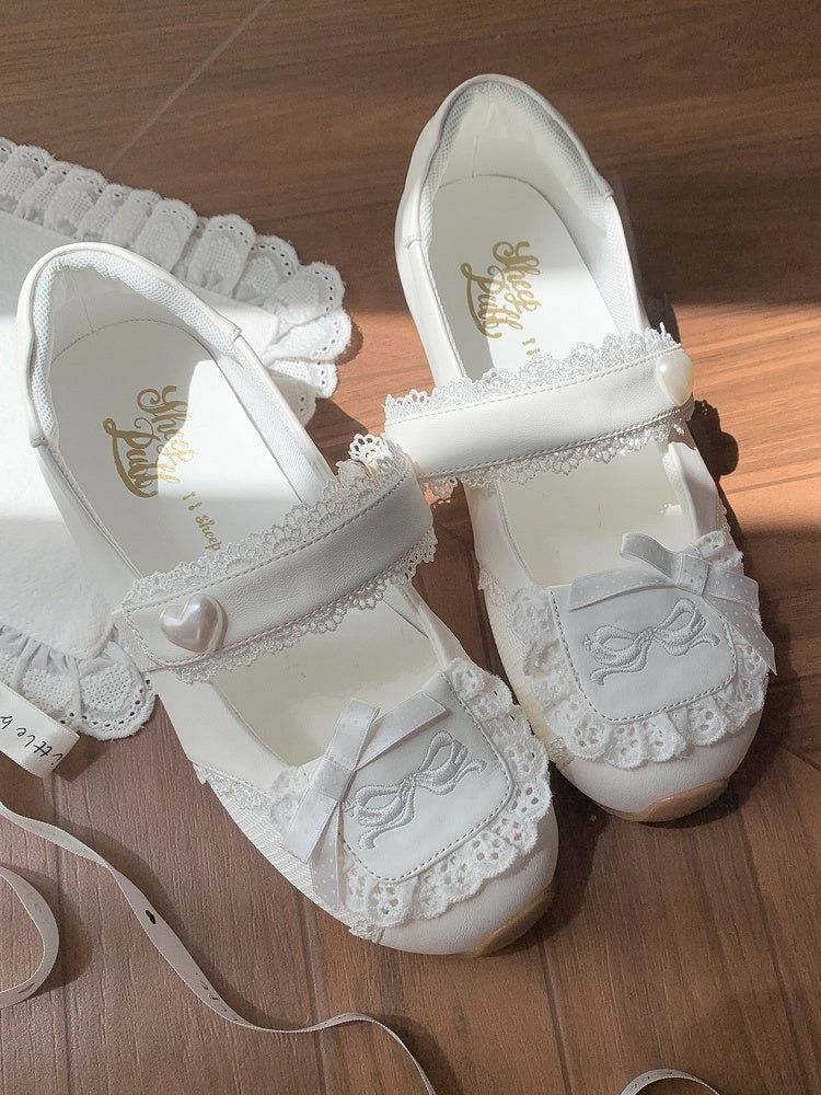 Heart-Adorned Bow Velcro Trim Sweet - Details Flat Lolita Lace Straps White Shoes