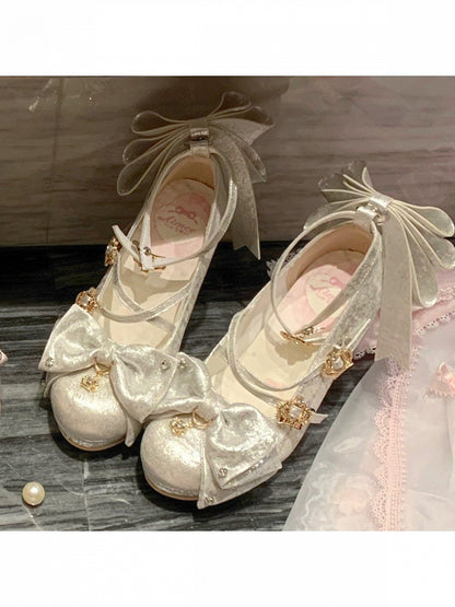 Sparkling Satin Silver 8.5cm High Heels with Crown Buckle and Bowknot - Aimee