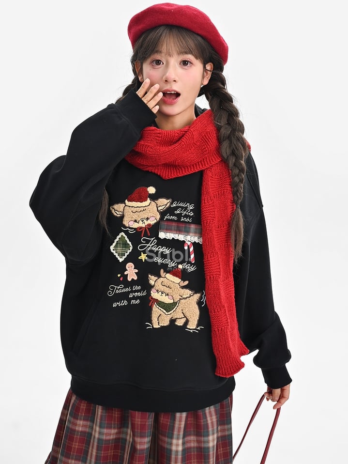 Black Cute Reindeer Appliques Thick Hoodie