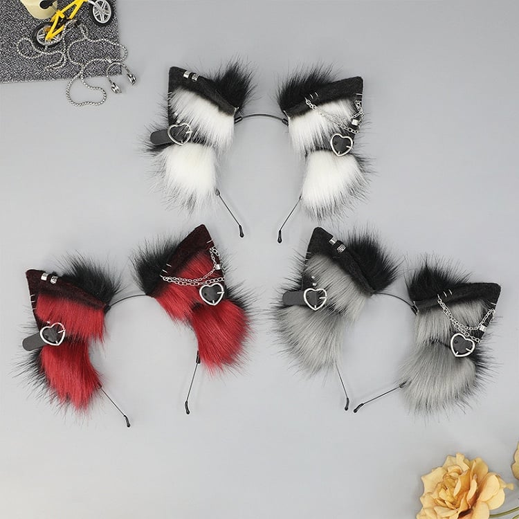 Lolita Shaggy Details BlackWhite/Gray/Red Punk Buckle Heart