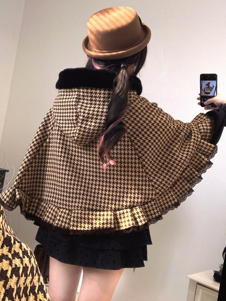 Hooded Fleece-Lined Kei Buttons Heart Cape Houndstooth Jirai with