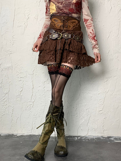 ブラックピーコックトリムストッキング Y2K フェザー柄 オーバーニー レース