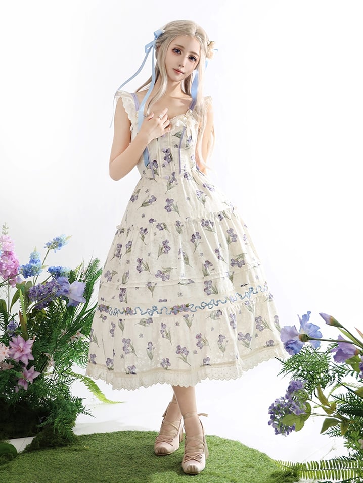 ネックラインジャンパースカート ベージュ オフショルダー パープルアイリス刺繍