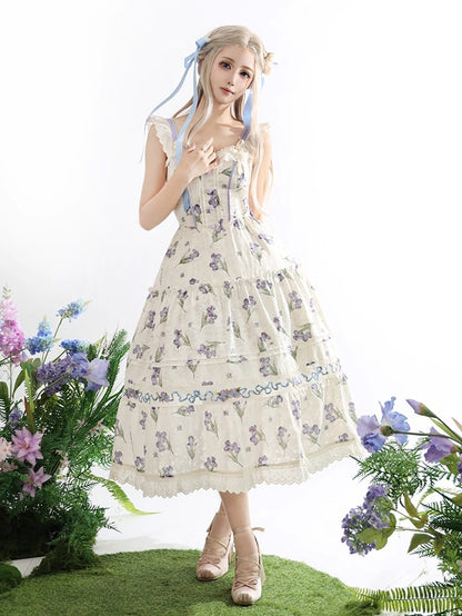 ネックラインジャンパースカート ベージュ オフショルダー パープルアイリス刺繍