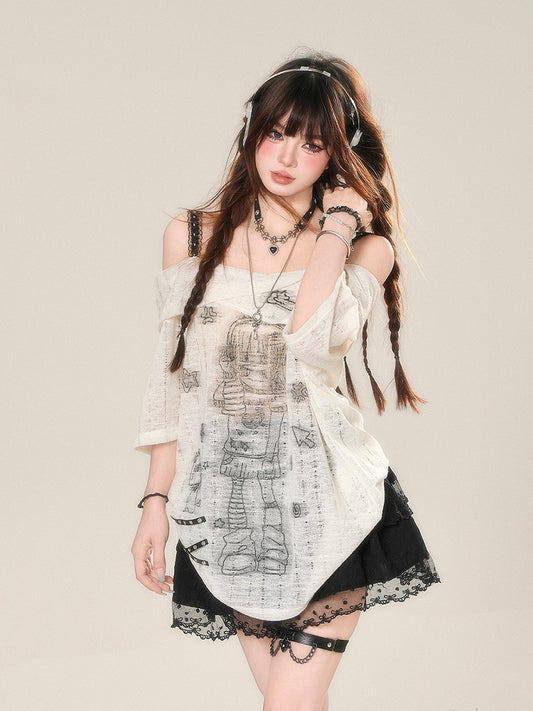 Neckline Anime Girl Print Semi-sheer Lace T-Shirt White Off-the-shoulder
