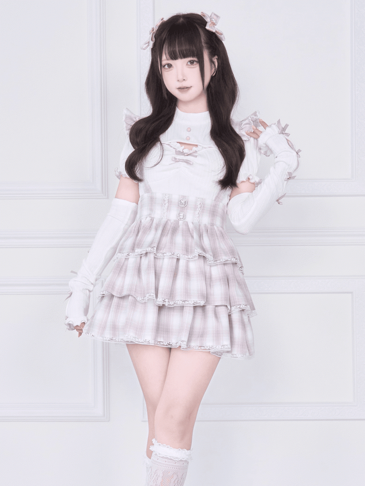 Warmers Knitted Matching Top Pink Kei Jirai Hem - White Lettuce Arm Sleeves