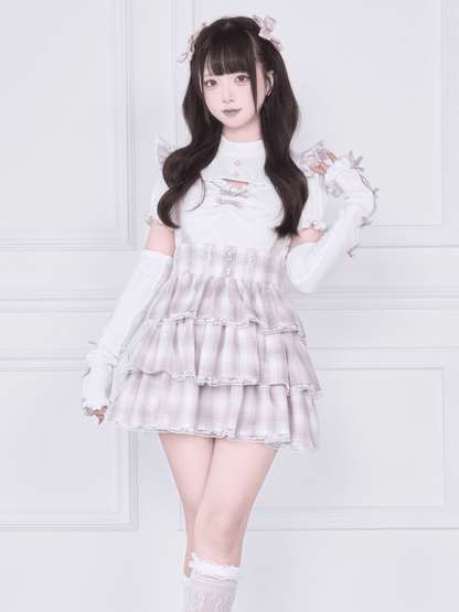 Warmers Knitted Matching Top Pink Kei Jirai Hem - White Lettuce Arm Sleeves