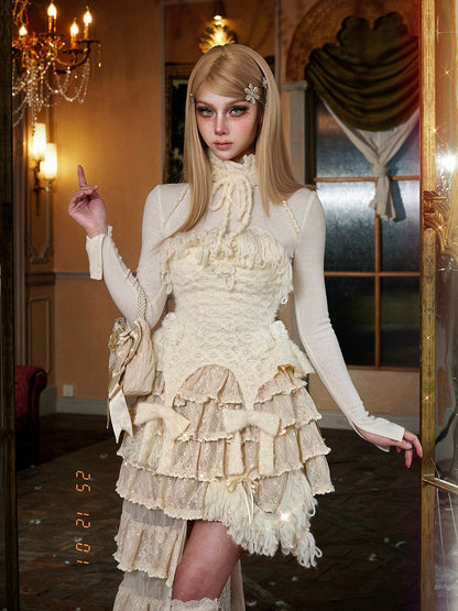 Cream with White Bow Corset Accents Knitted Lace Fuzzy
