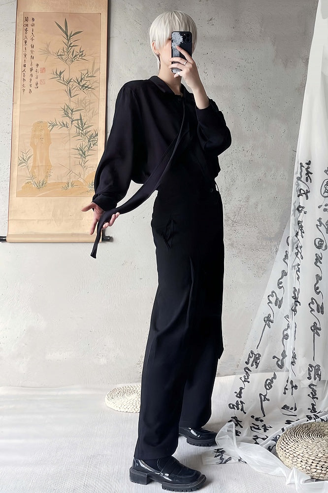 Black Retro Shirt a with Tie-Neck Relaxed