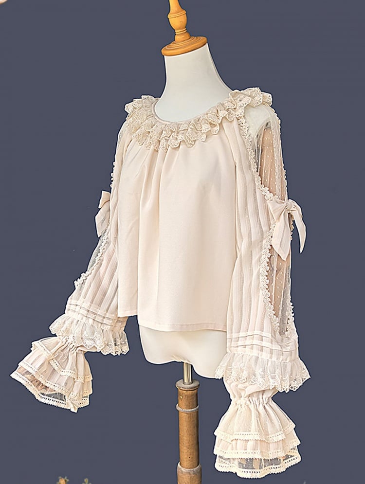 and Neck Blouse Round with Sleeves Lace Trim Semi-sheer Lolita Ruffled Apricot