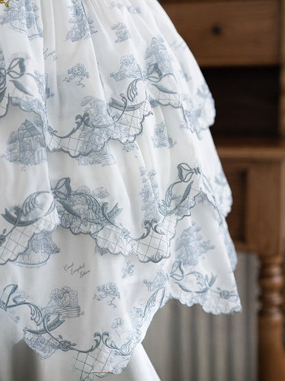 White & Blue Floral Embroidered Lolita Jumper Skirt with Detachable Belt - CEL