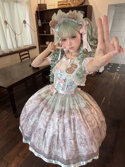 Rose & Mint Short Sleeve OP Gown with Bear Motif - Lunethe