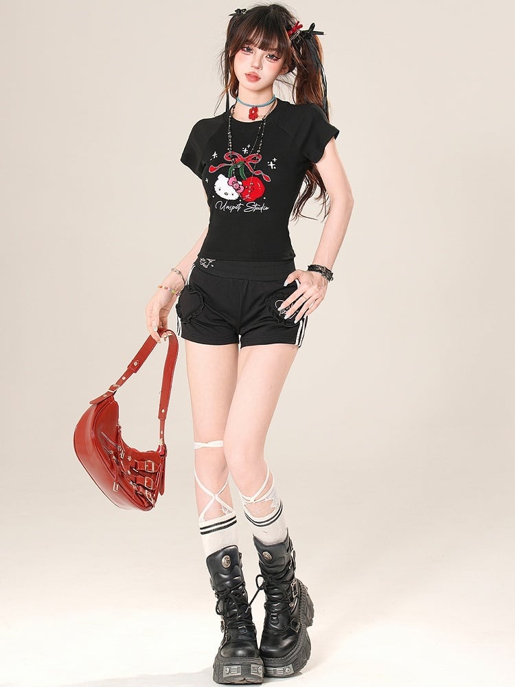 ぬいぐるみTシャツ パピー＆チェリー ホワイト/ブラック グラマラスアップリケ