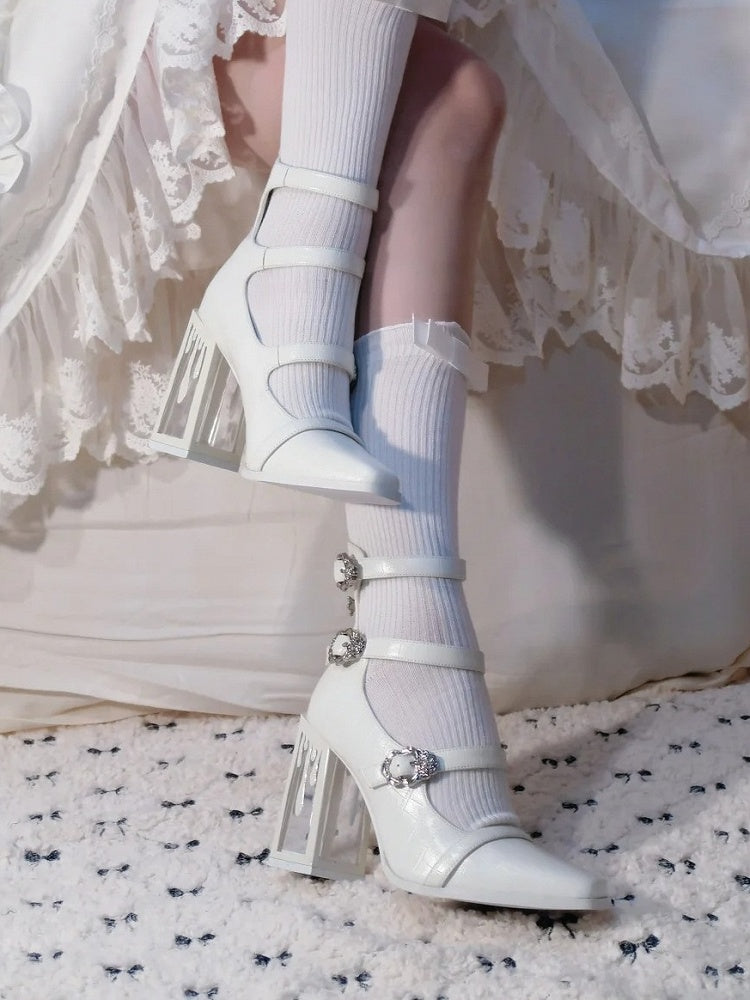 Matte White Gothic Crocodile Buckle Straps Blood Drip High Block Heels