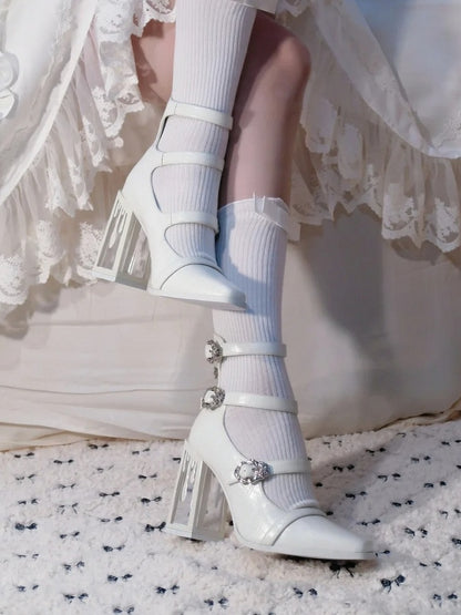 Matte White Gothic Crocodile Buckle Straps Blood Drip High Block Heels