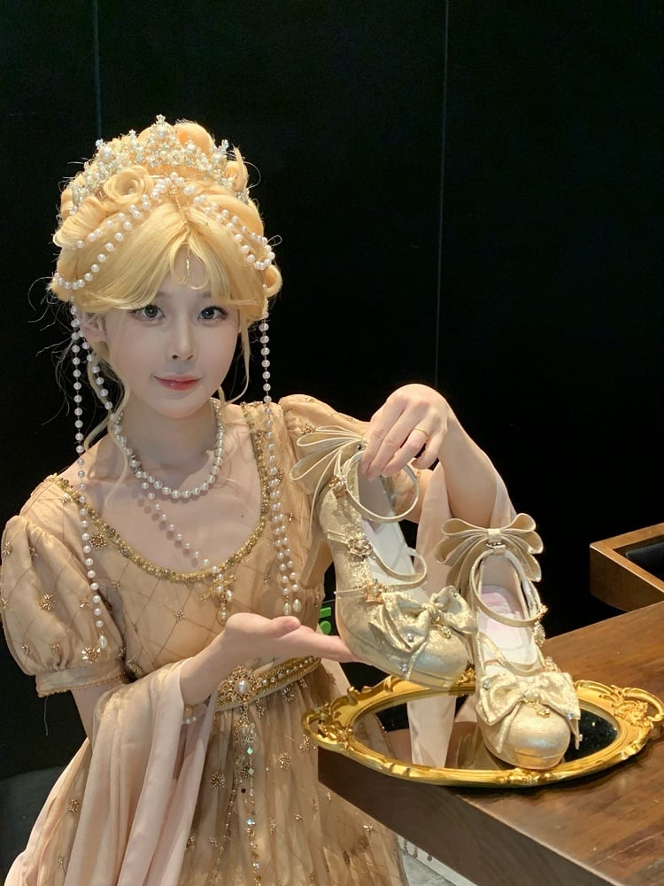 Gold Sparkling Satin Hanayome Lolita 8.5cm High Heels with Crown Buckle, Bowknot and Crystal Accents - Aimee