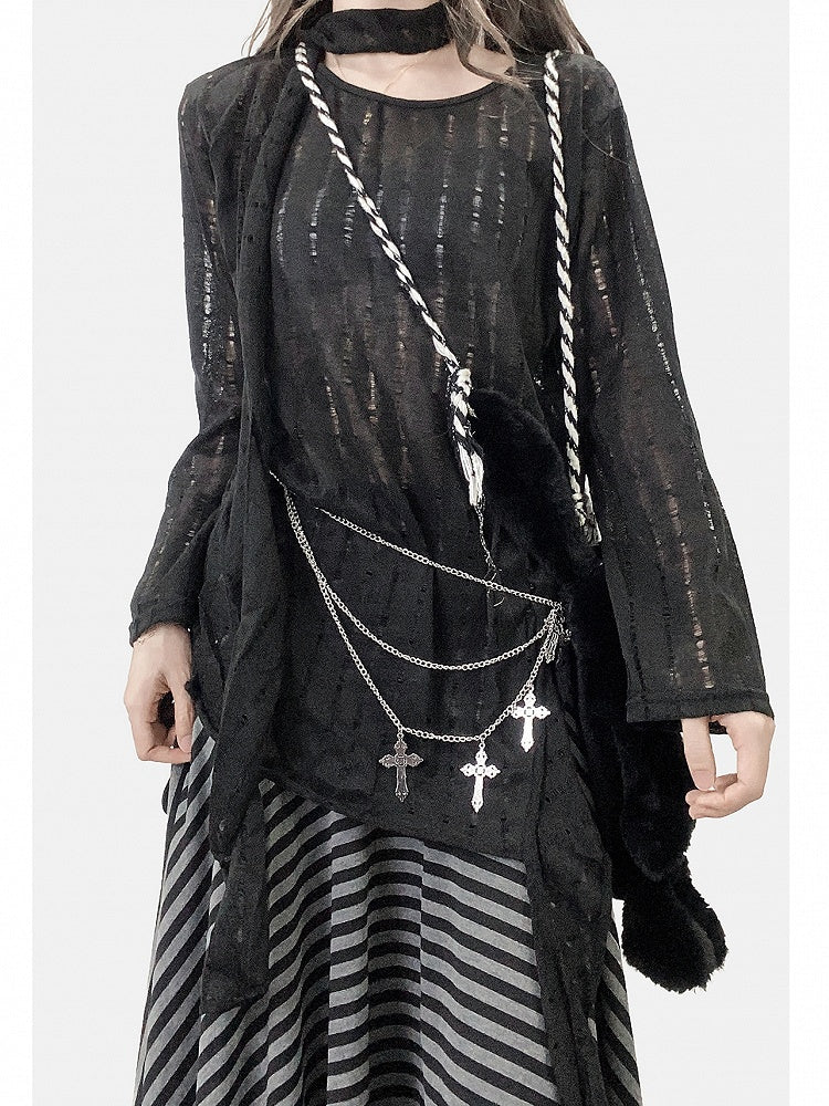 Cutout Sleeves Detail + Top Asymmetrical Hem Long Black Scarf