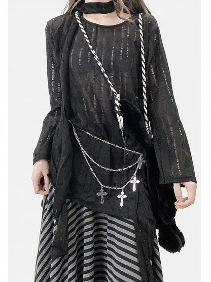 Cutout Sleeves Detail + Top Asymmetrical Hem Long Black Scarf