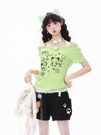 ShoulderAdorable Faux Cutout with Panda Print Black/Green Two-Piece T-shirt