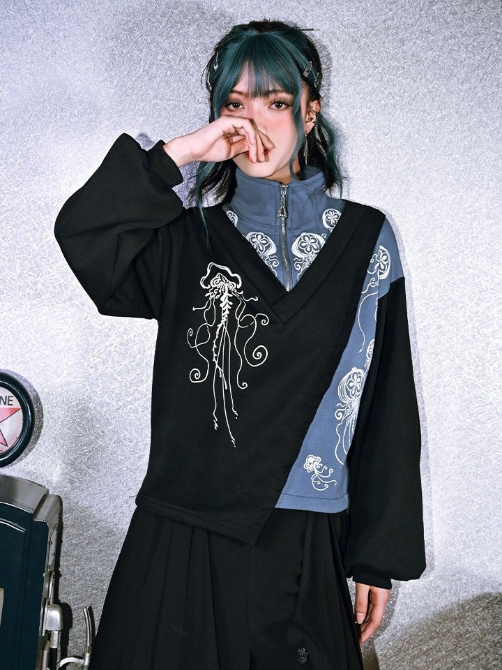 Black & Blue Asymmetrical Stand Collar Dark Fashion Sweatshirt with Jellyfish Motif - Quirky Hut
