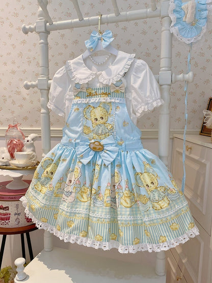 Gold Overall Lolita Dress Ingot and Sweet Mouse Print Blue