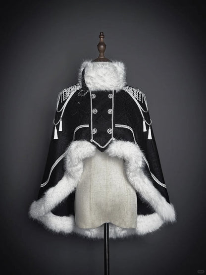 Double White Breasted with Tassel Faux Cape Black Fur-Trimmed Lolita Decoration and Military Buckle