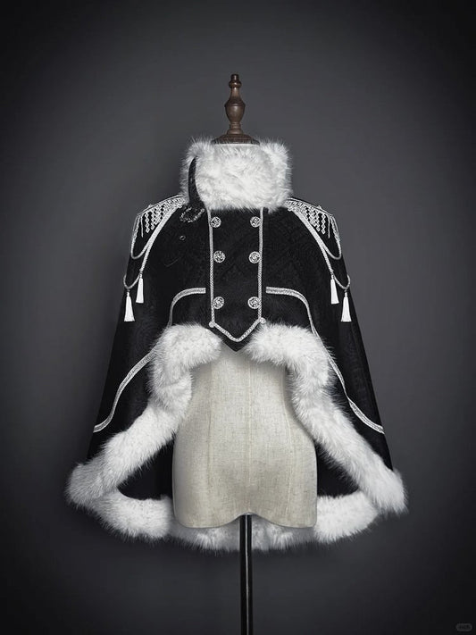 Double White Breasted with Tassel Faux Cape Black Fur-Trimmed Lolita Decoration and Military Buckle