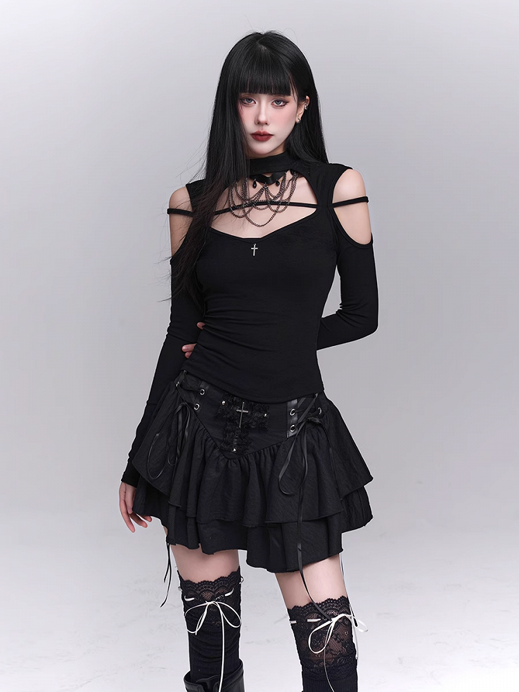 ブラック クルーネック カットアウト ショルダー クロス エンベリッシュド トップス