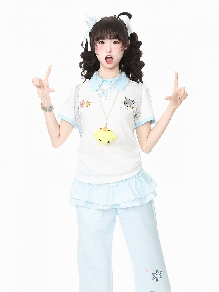 White Polka-Dot Tee with Bear Motif & Chick Charm - Languid Park