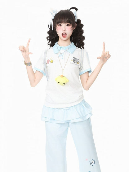 White Polka-Dot Tee with Bear Motif & Chick Charm - Languid Park