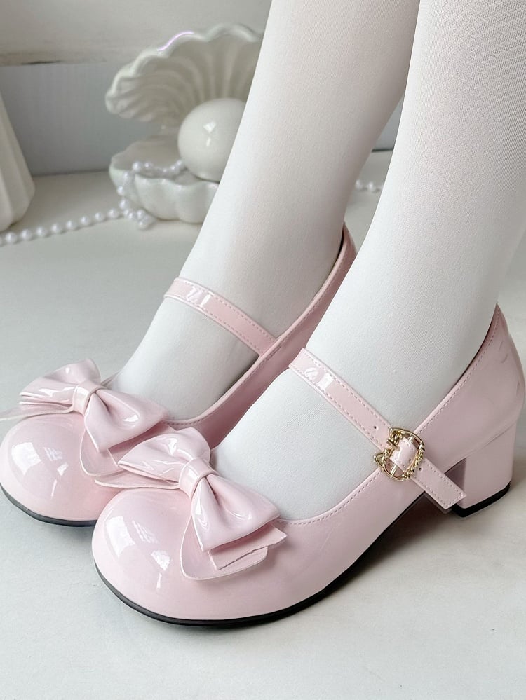 Round-toe Bow Pink - Buckle Sweet Mary with Mid Jane 4.5cm Shoes Closure Cat Lolita Heel