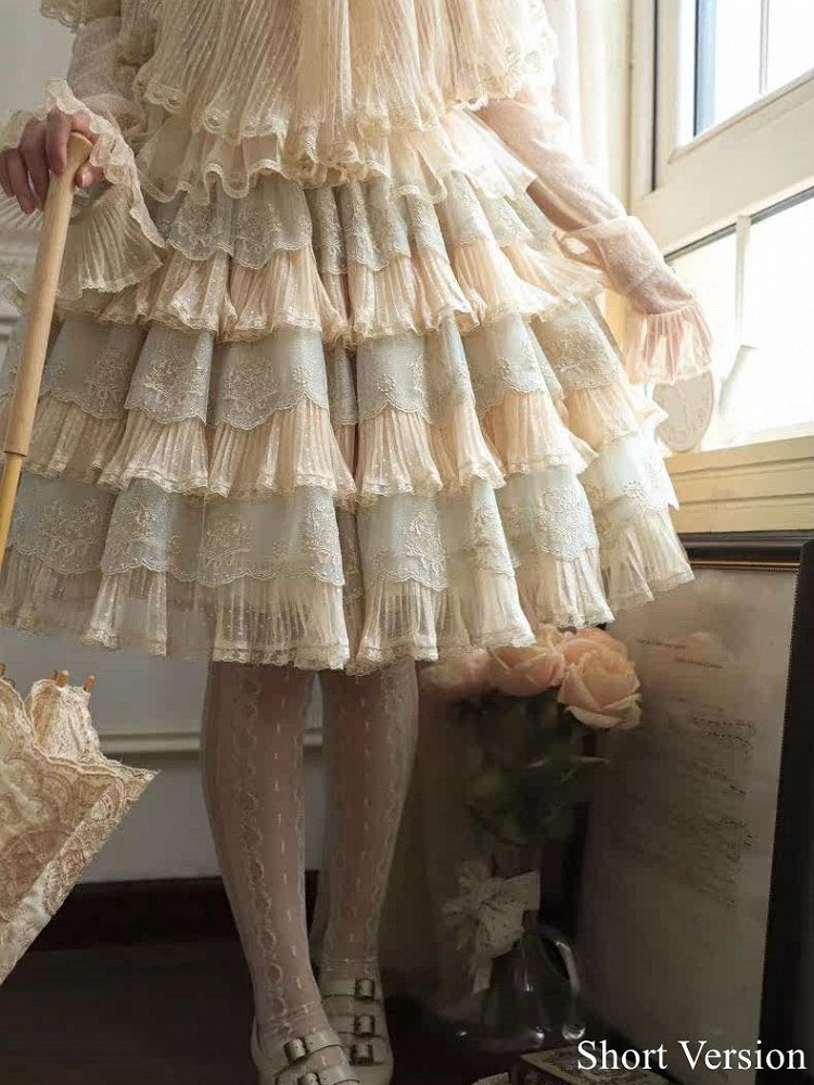 Details with Tulle Flower Multi-Layered Blue Lolita Beige Elegant Skirt Embroidery