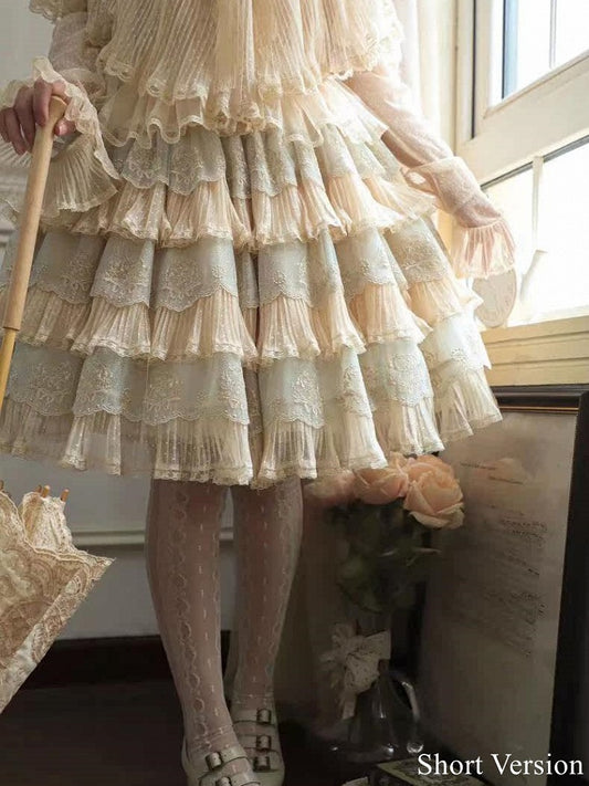 Details with Tulle Flower Multi-Layered Blue Lolita Beige Elegant Skirt Embroidery