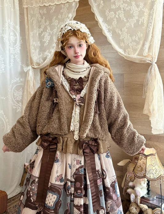 Brown Star-Accented Coat Toggles Sweet Plush with Drawstring Lolita