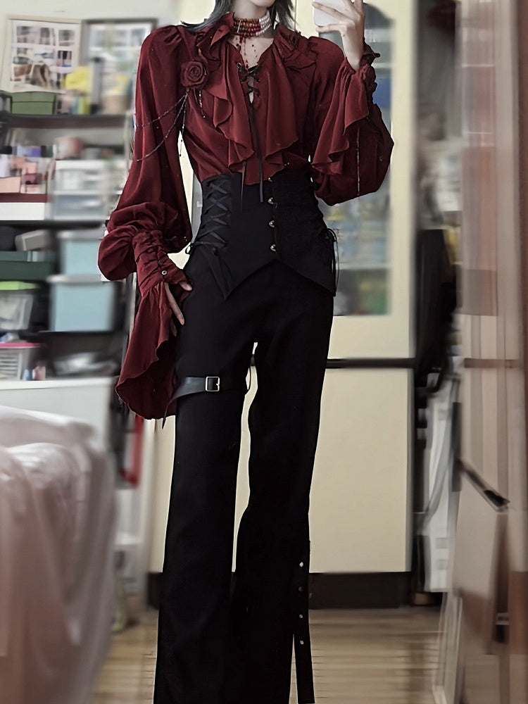 Regal V-Neck Shirt and Corset Pants Set - Shi Zhi Mao