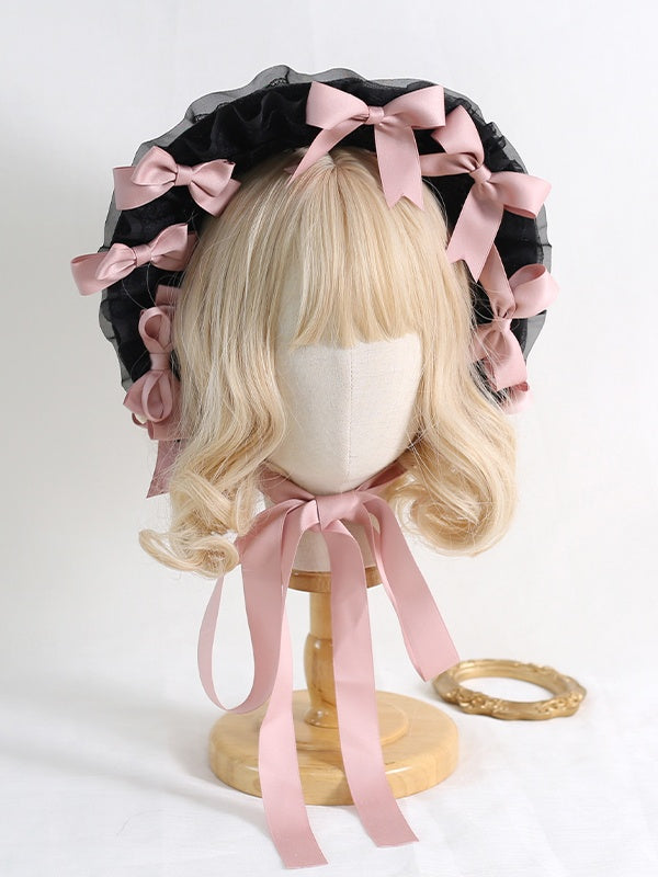 Lolita With Detachable Bowknots Bonnet Colors Lace-Trimmed Black 8