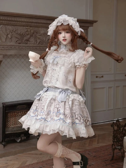 White & Blue Low Waist Antique Print Lolita Dress with Bows - Meng Fu Zi