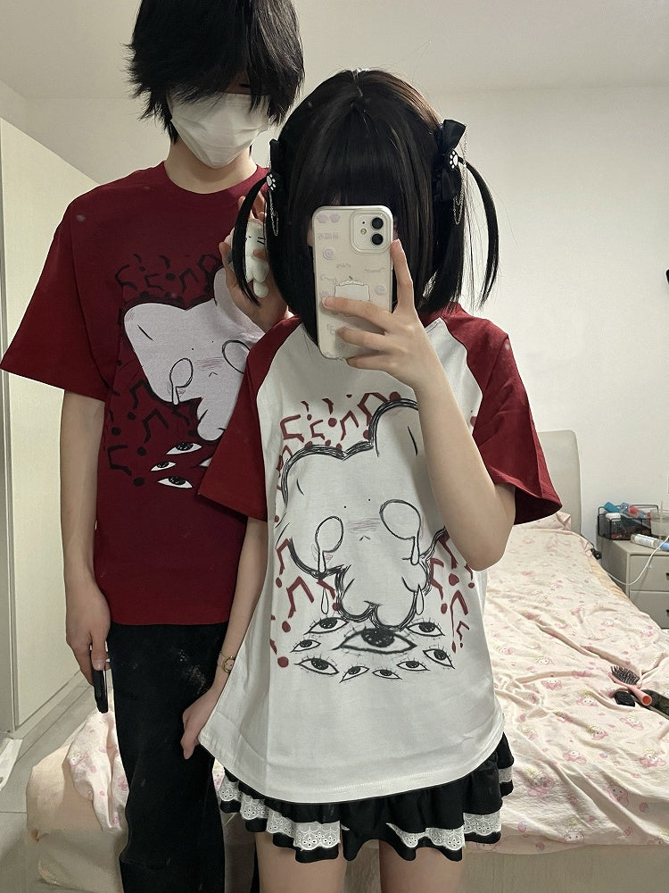 Cotton White Cat Print T-shirt Crying Colorblock Red Design Crewneck with