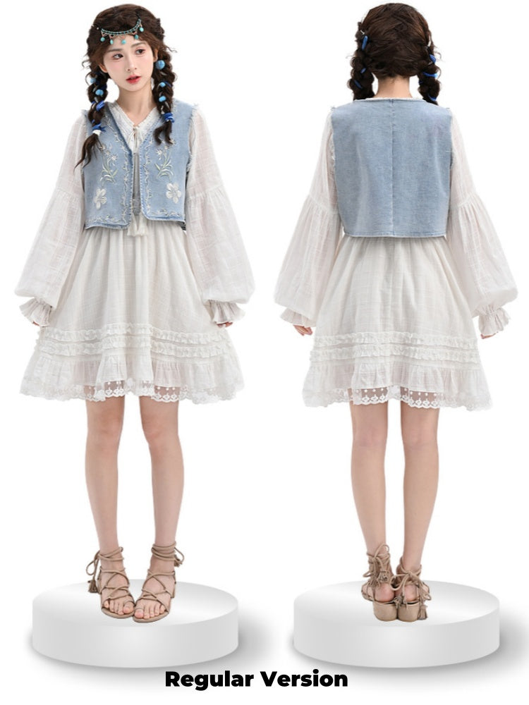 Version White V-Neck Lace Trim Dress with Tassel Drawstring Design Regular/Long