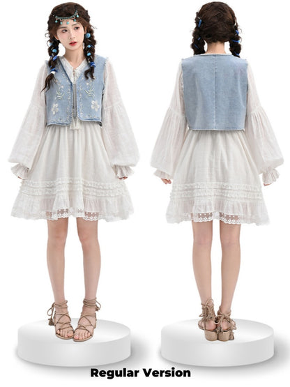 Version White V-Neck Lace Trim Dress with Tassel Drawstring Design Regular/Long