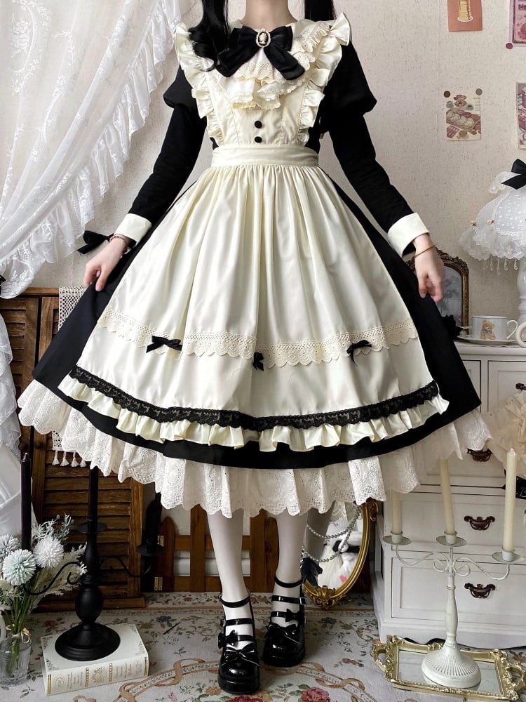 Schwarz-beiges Juliette-Ärmel-Dienstmädchen-Lolita-Set + Schürze