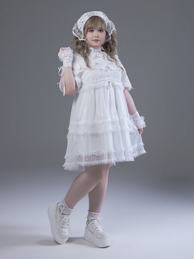 Peter Pan Collar Short Sleeve T-Shirt Dress with Print & Bows - Fluffy Heart