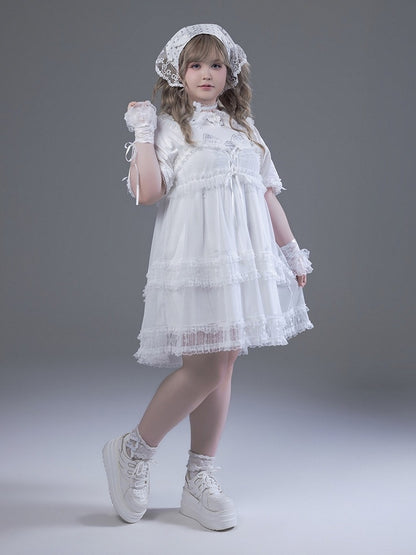 Peter Pan Collar Short Sleeve T-Shirt Dress with Print & Bows - Fluffy Heart