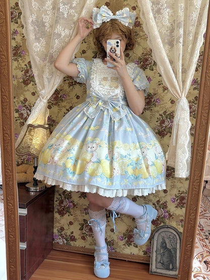 Lolita Sweet Sleeves Dress Teddy and Short Lemon Print Blue