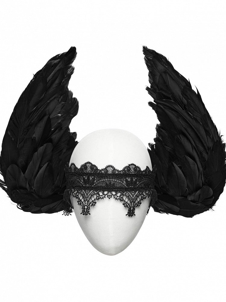 Dark Gothic Wing Hair Accessory with Detachable Lace Headband - Punk Rave