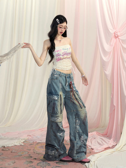 プリントグラマラスストラップレストップレースドローストリングウエストレターアプリコット