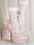 Light Pink Round-Toe Lolita Shoes, 11.5CM Bowknot Block Heel, Pearl & Shell - Bad Bear